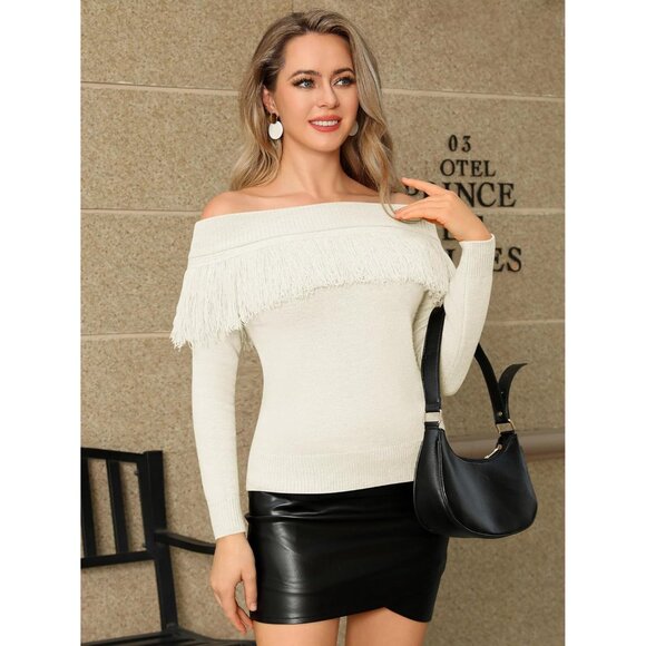 Women's Fringe Top Acrylic Polyester Nylon Slim Fit Off Shoulder Sweater - Picture 7 of 8